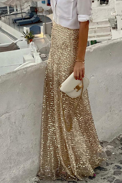 Golden Evening Sequin Elastic Waist Maxi Skirt