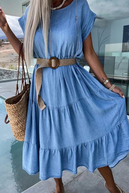 Casual But Cute Denim Crew Neck Layered Loose Midi Dress