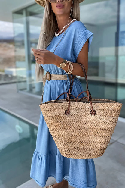 Casual But Cute Denim Crew Neck Layered Loose Midi Dress