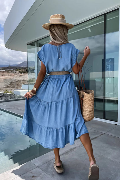 Casual But Cute Denim Crew Neck Layered Loose Midi Dress