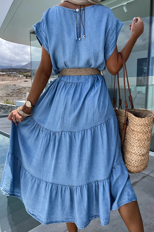 Casual But Cute Denim Crew Neck Layered Loose Midi Dress