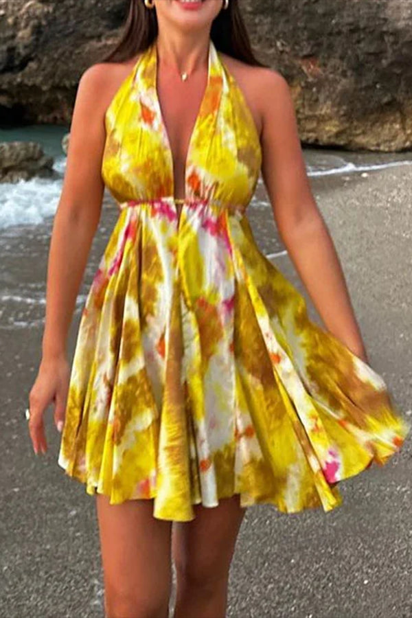 Halter Yellow Printed Mini Dress