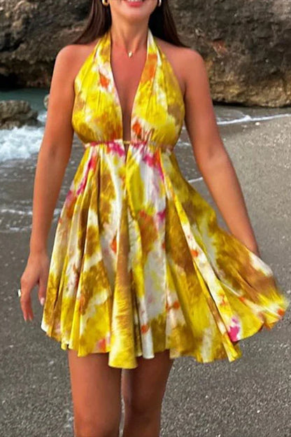 Halter Yellow Printed Mini Dress