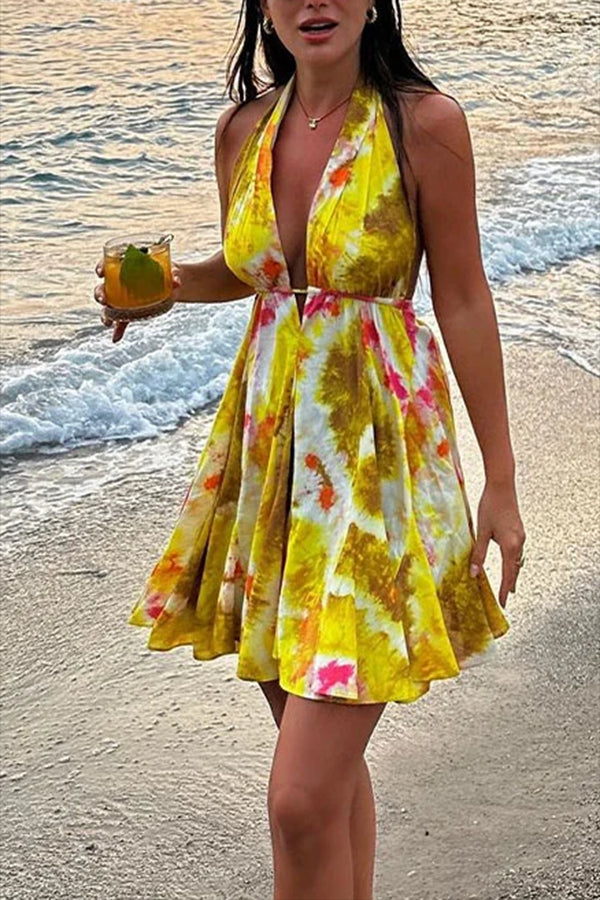 Halter Yellow Printed Mini Dress