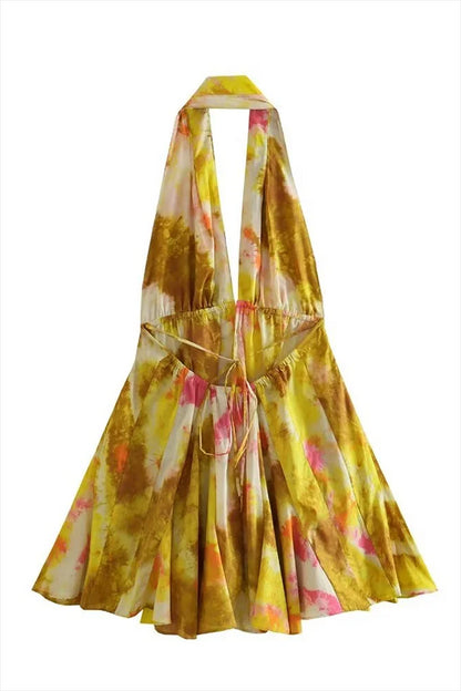 Halter Yellow Printed Mini Dress