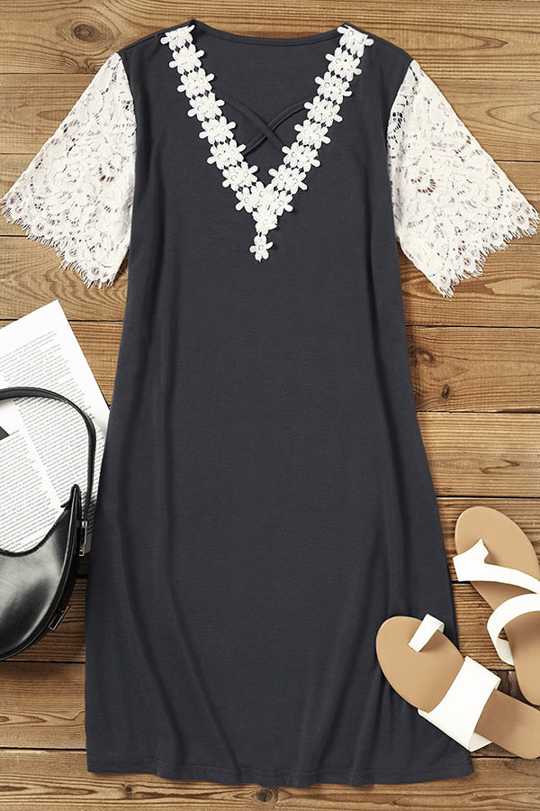 Lace Splicing Criss-Cross Mini Dress - Gray