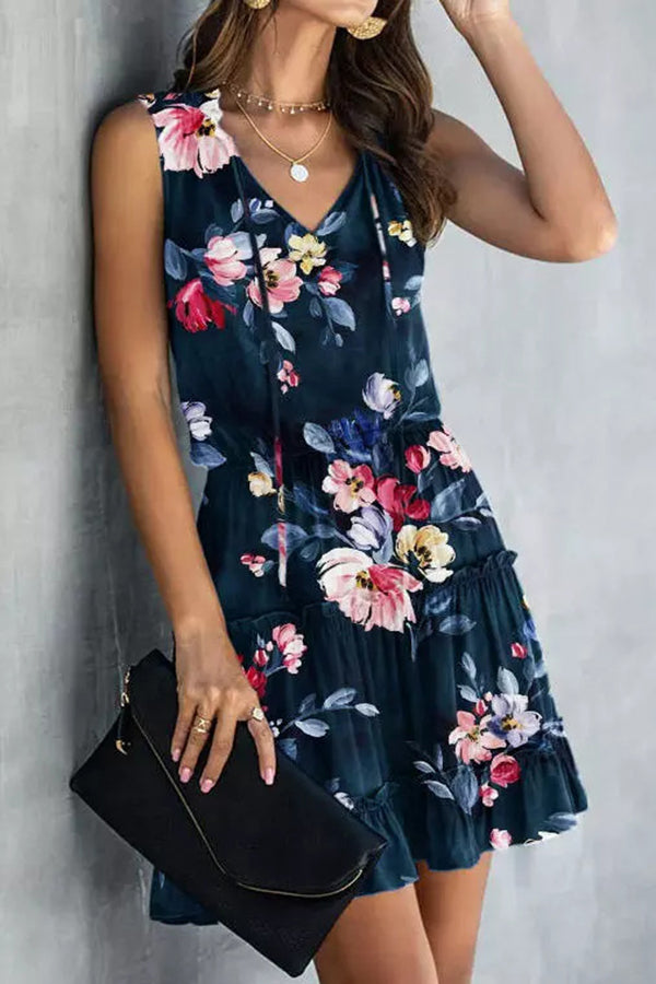 Floral Ruffled Tie V-Neck Mini Dress