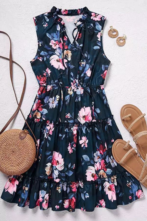 Floral Ruffled Tie V-Neck Mini Dress