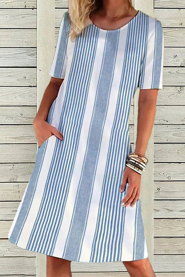 Linen Striped Short Sleeve Dress