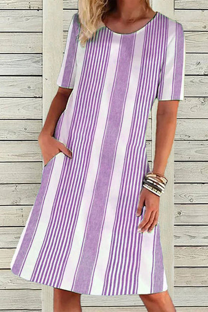 Linen Striped Short Sleeve Dress