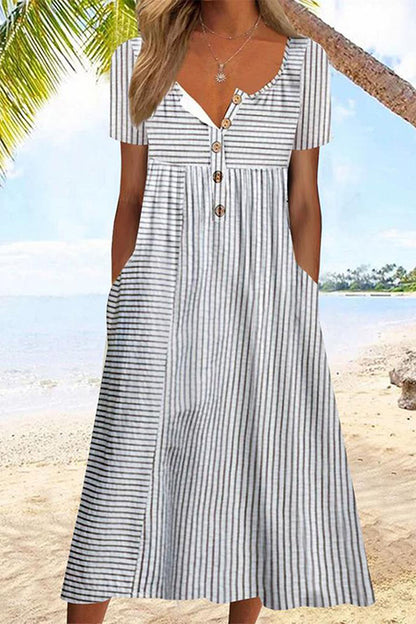 Buckle Striped Printed Vacation Loose Short Sleeve Midi Dress