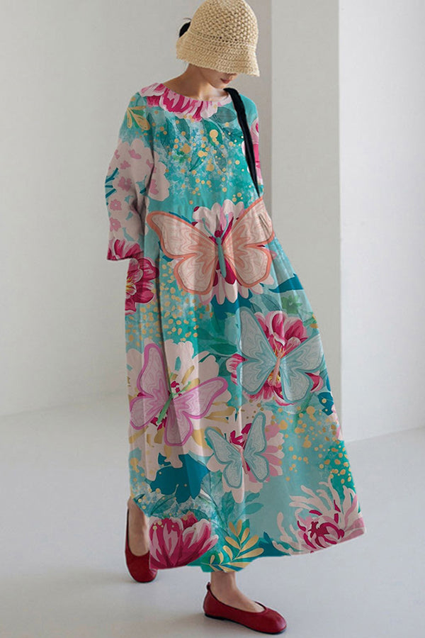 Floral Print Linen Loose Dress