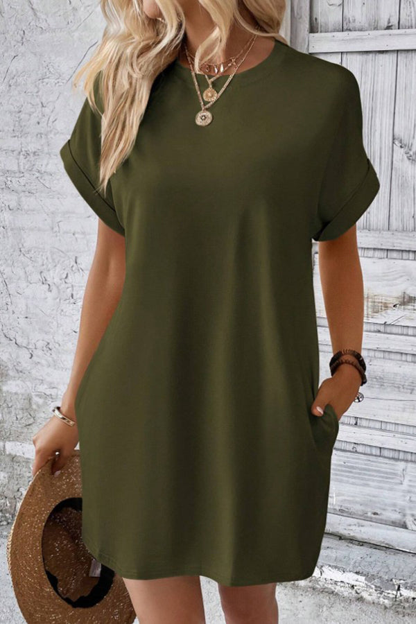 Solid Batwing Sleeve Hidden Pocket Tee Dress