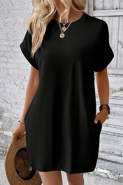 Solid Batwing Sleeve Hidden Pocket Tee Dress