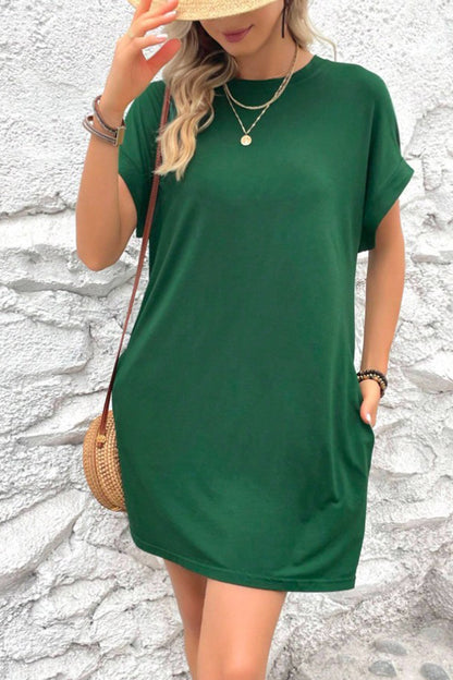 Solid Batwing Sleeve Hidden Pocket Tee Dress