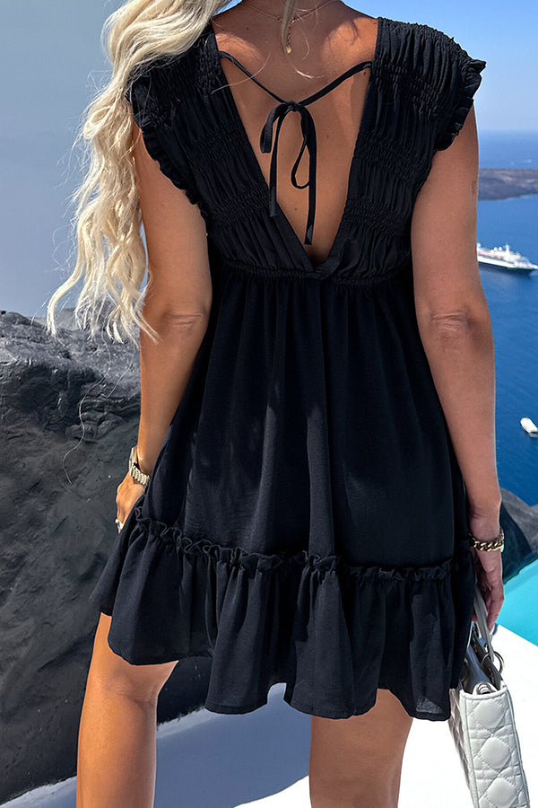 Casual Lace-Up Gathered Ruffled Sleeve Dress