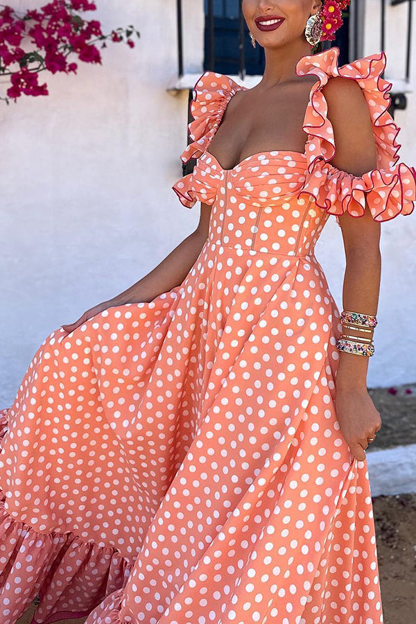 Peach Polka Dot Print Ruffle Dress