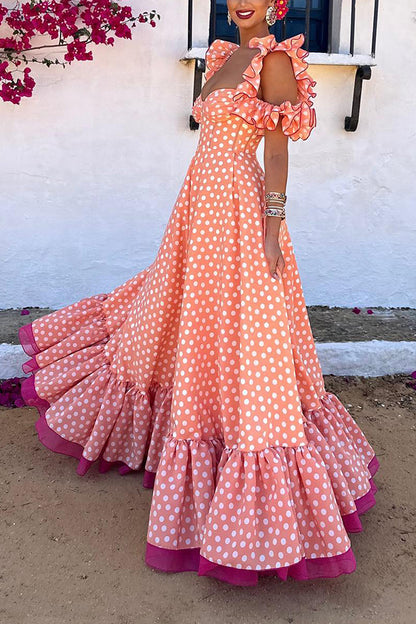 Peach Polka Dot Print Ruffle Dress