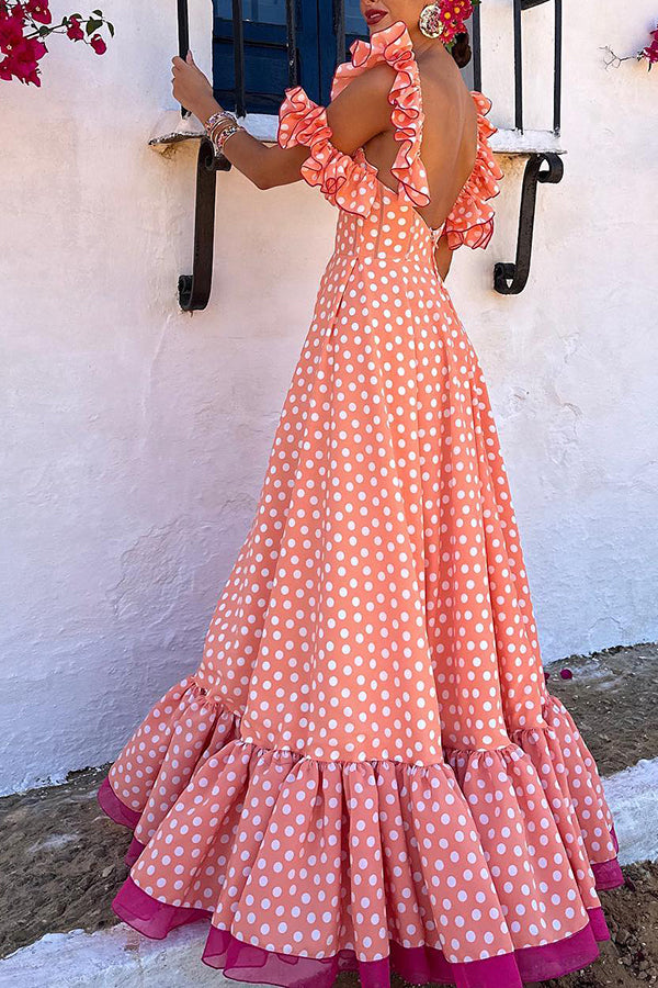 Peach Polka Dot Print Ruffle Dress