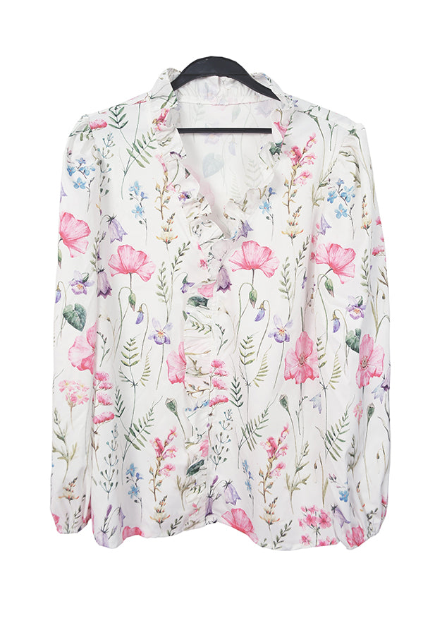 Floral Print Ruffle Trim Blouse