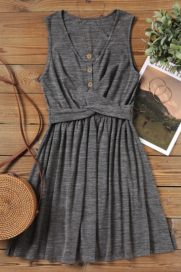 Button Criss-Cross Ruffled Sleeveless Mini Dress - Gray