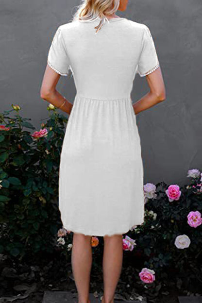 Women's Pocket Solid Color Lace Sleeve Dress