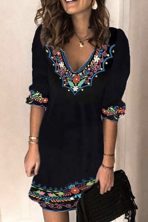 Ethnic Printed Long-Sleeved Mini Dress