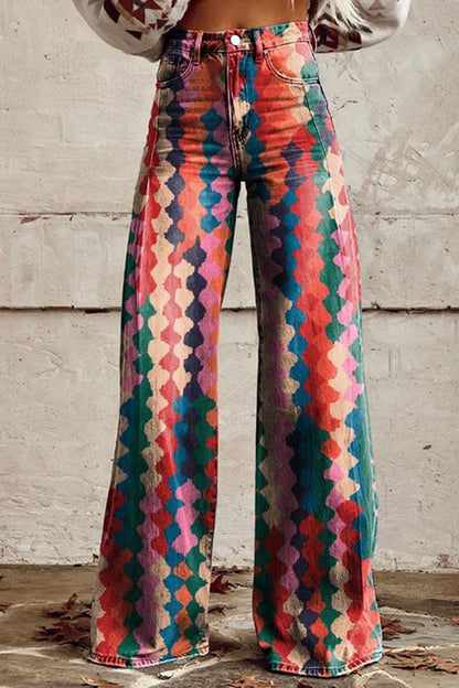 Vintage Plaid Print Flared Trousers