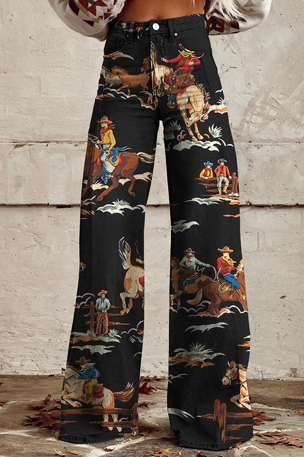 Retro Western Print Wide Leg Pants