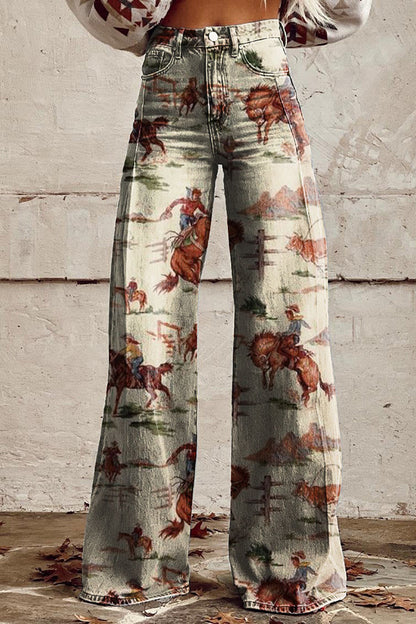 Retro Western Print Wide Leg Pants