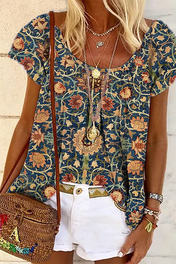 Ethnic Casual Crew Neck Loose Puff Sleeve Shirt