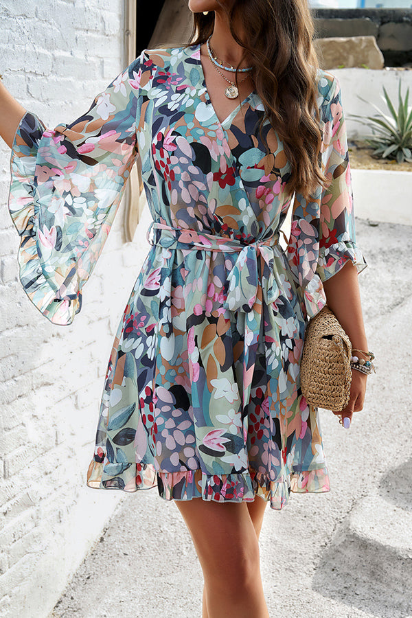 Elegant Floral Wrap V Neck Belt Flare Sleeve Midi Dress