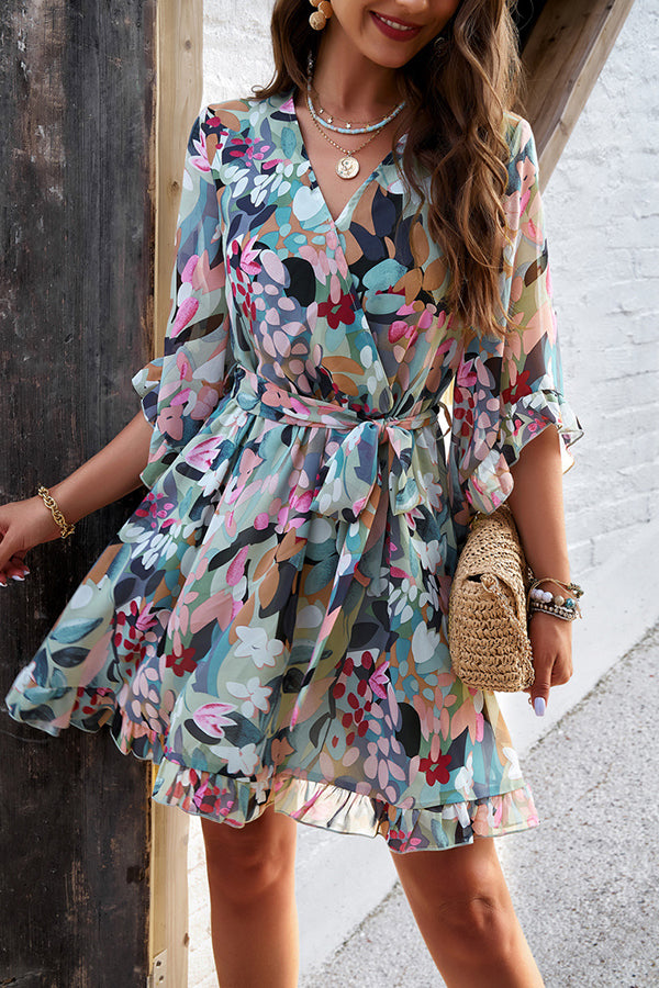 Elegant Floral Wrap V Neck Belt Flare Sleeve Midi Dress