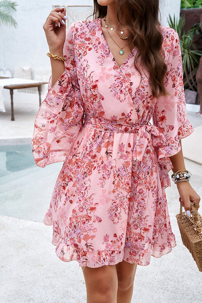 Elegant Floral Wrap V Neck Belt Flare Sleeve Midi Dress