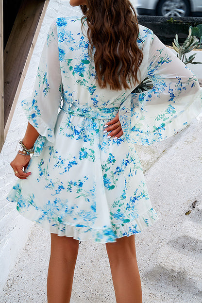 Elegant Floral Wrap V Neck Belt Flare Sleeve Midi Dress