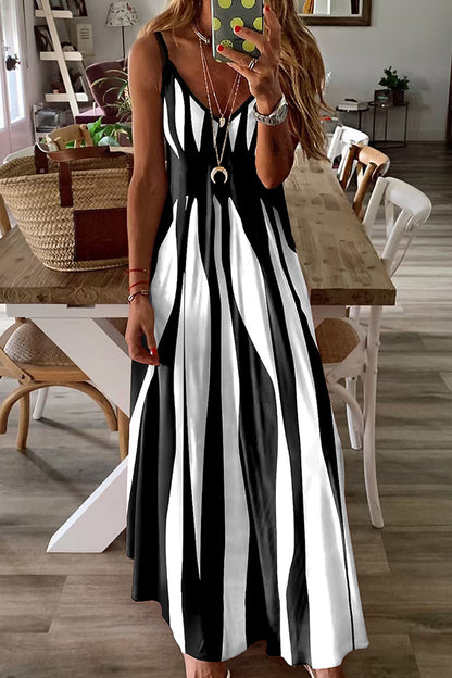 Color Block Print V Neck Maxi Dress