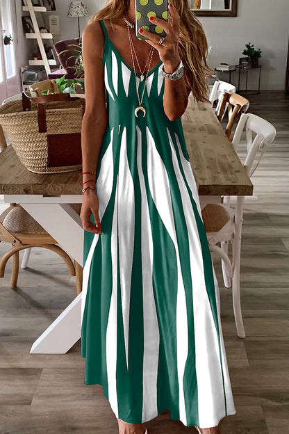 Color Block Print V Neck Maxi Dress