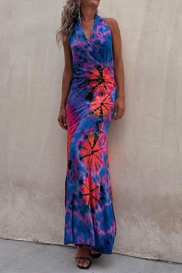 Krista Tie-Dye Print Halter Backless Stretch Maxi Dress