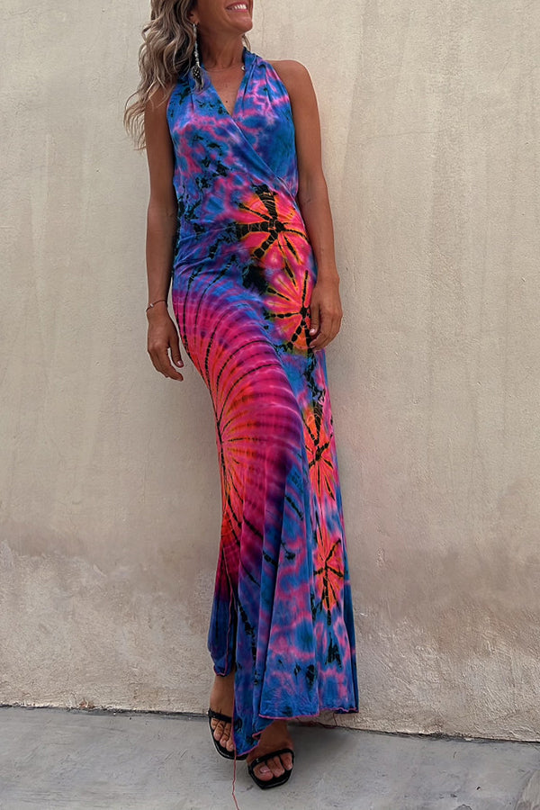 Krista Tie-Dye Print Halter Backless Stretch Maxi Dress