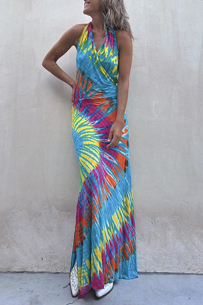 Krista Tie-Dye Print Halter Backless Stretch Maxi Dress