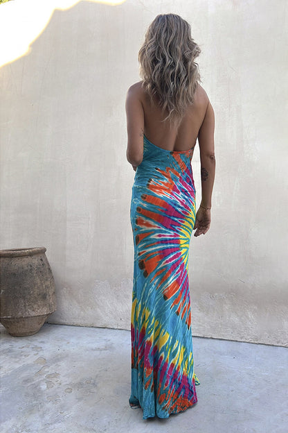 Krista Tie-Dye Print Halter Backless Stretch Maxi Dress