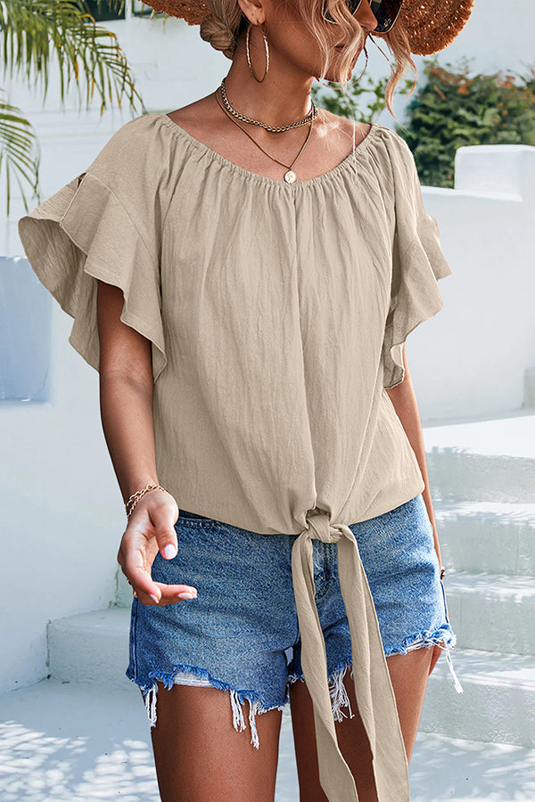 Casual Pleated Ruffled Crew Neck Pullover Lace Up Shirts