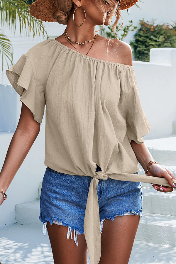 Casual Pleated Ruffled Crew Neck Pullover Lace Up Shirts