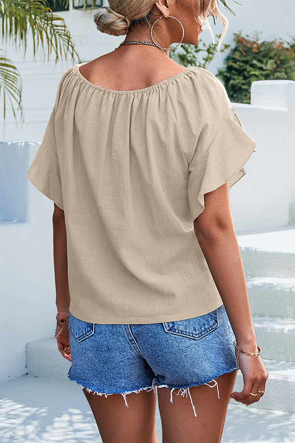 Casual Pleated Ruffled Crew Neck Pullover Lace Up Shirts