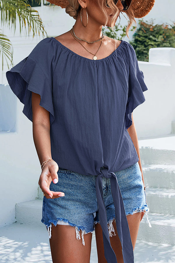 Casual Pleated Ruffled Crew Neck Pullover Lace Up Shirts