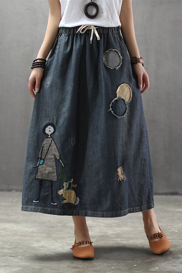 Circle Patch Elastic Waist Ripped Washed Denim Skirt