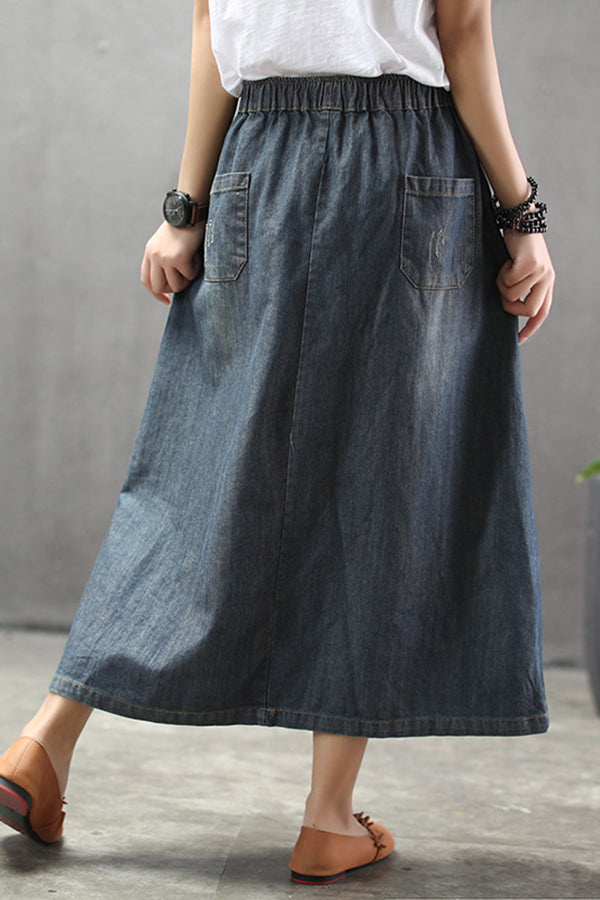 Circle Patch Elastic Waist Ripped Washed Denim Skirt