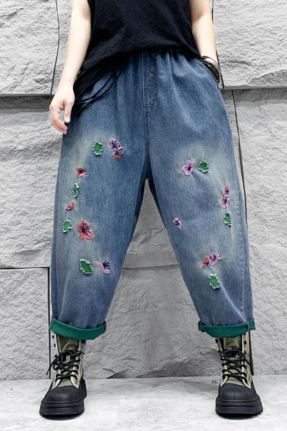 Ethnic Style Ripped Distressed Washed Denim Loose Harem Pants