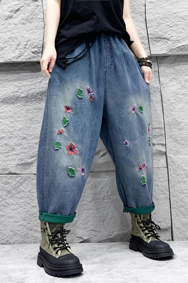 Ethnic Style Ripped Distressed Washed Denim Loose Harem Pants