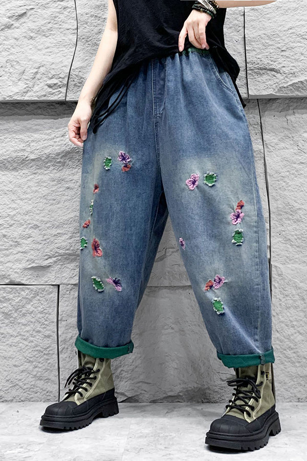 Ethnic Style Ripped Distressed Washed Denim Loose Harem Pants